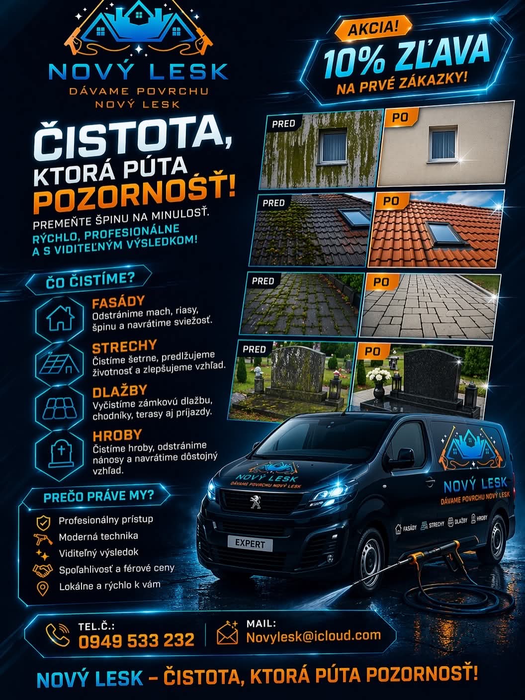 Ukážky čistenia fasády, strechy, dlažby a hrobu od Nového Lesku